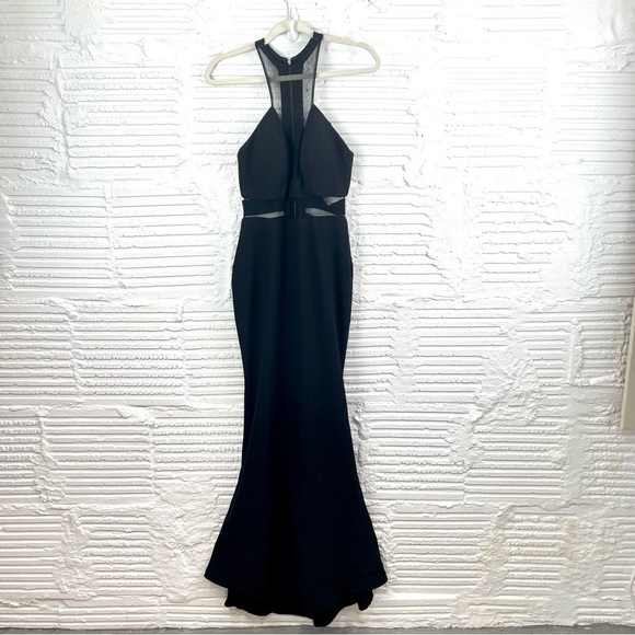 Terani Couture Black Prom Evening Gown Sheer Halter Neck Flare Hem Cut Out SZ 2 - Picture 1 of 16